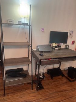 Wood and Metal Shelf & Desk with Drawer and Cubby