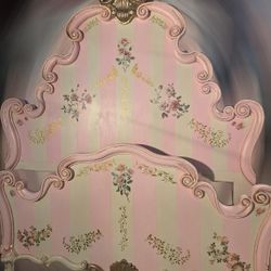 Antique queen bedframe pink & cream stripes floral