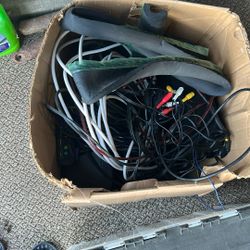 Box of wires and  wires some speakers