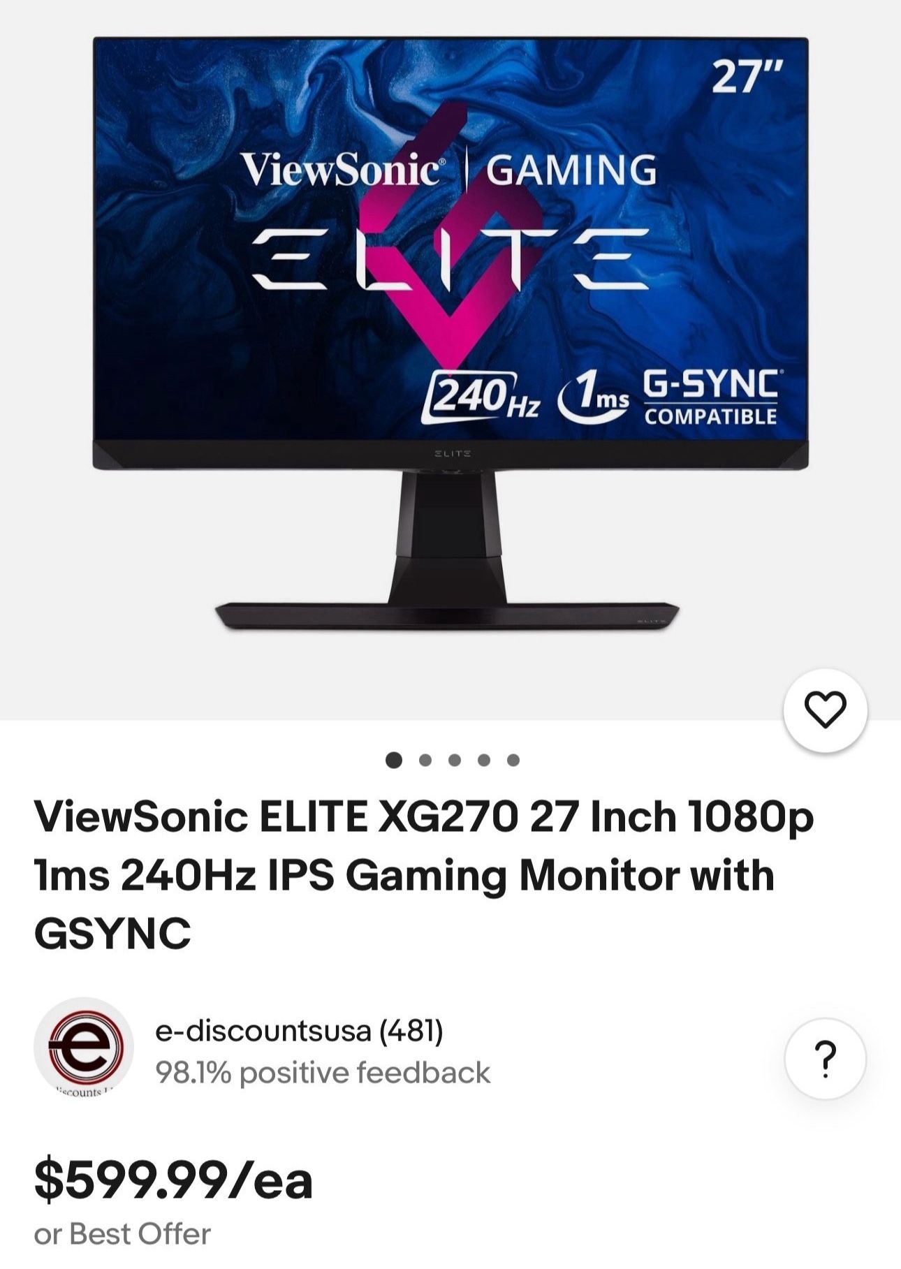 View Sonic Elite 270xg Gaming Monitor With Webcam
