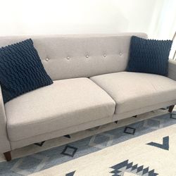 Mid-Century Modern Sofa / Couch with Armrest Pockets, Light Grey