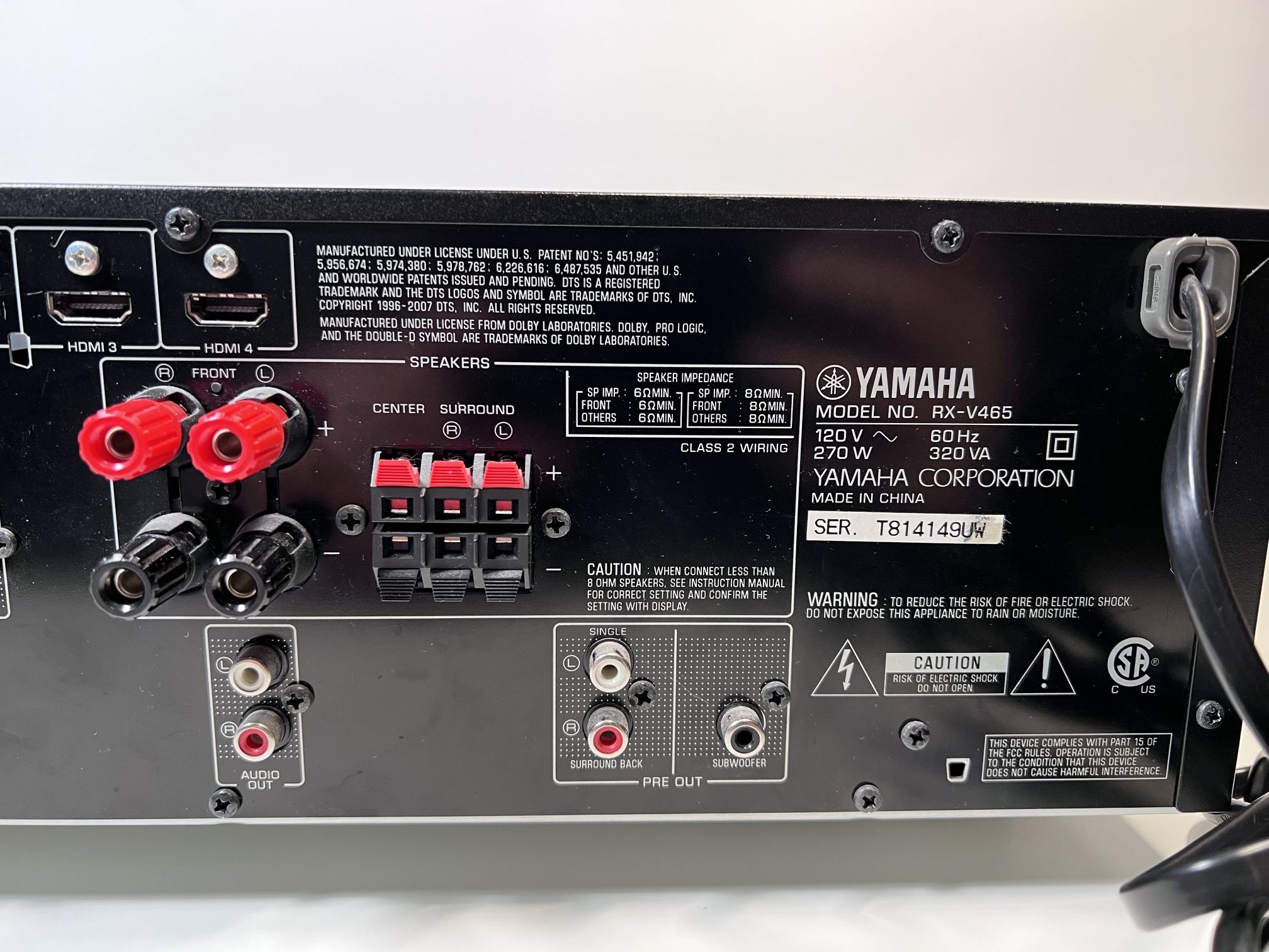 YAMAHA RXV465 5.1 AV Receiver YAMAHA RECEIVER Natural Sound 270W 4