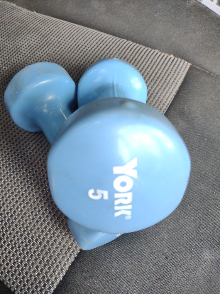 Set Of Two York Brand Hexagon Shape Rubber Grip Dumbbells 5 Lbs