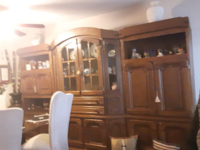 Oak Wood 3 Pcs Wall Unit Made In Germany,  Build-in- Bar Many Shelfs  2 Large Draws, 6 Chest Draws