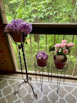Three plant stands and pots
