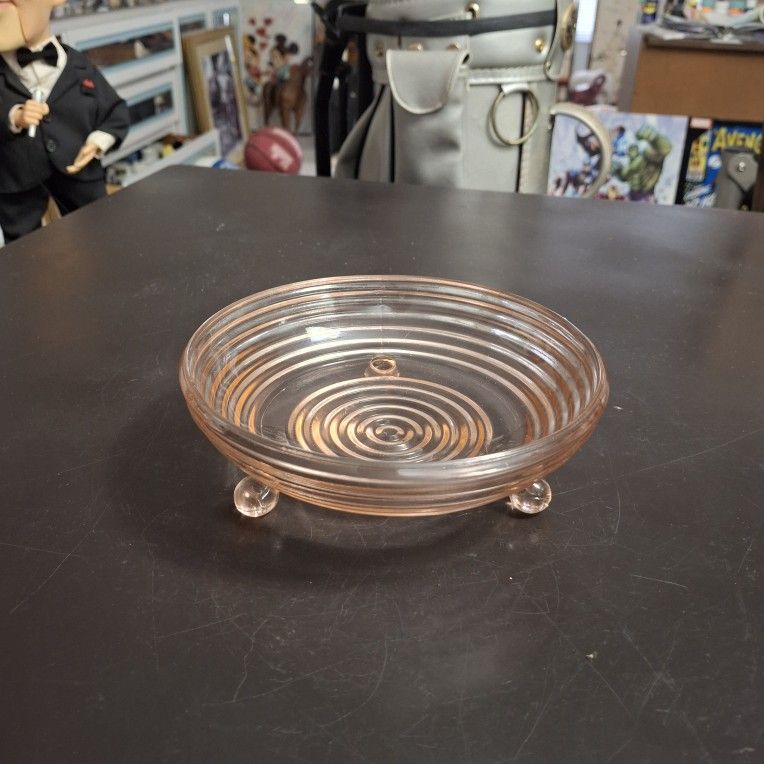 Vintage Pink Depression Glass Manhattan 3 Footed Candy Dish Bowl Spiral 6.25"W X 2.25"H