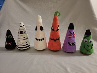 6 Halloween Yarn Pine Cones for Fall, Halloween, and Christmas Decor