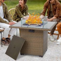 Kinsunny 32 inch Gas Fire Pit Table, 2-in-1 Outdoor Propane Fire Table, Wicker Firepit Table w/ Blue Stone Wind Guard Rain Cover