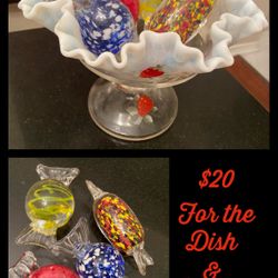 GLASS BOWL STAND WITH 4 LARGE GLASS CANDIES / CLICK ON PHOTO 