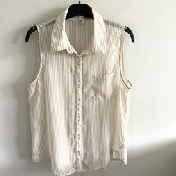 Forever 21 Sheer Neutral Striped Button Up Sleeveless Shirt | Size Medium