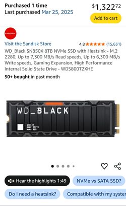 WD_Black SN850X 8TB NVMe SSD with Heatsink - M.2 2280, Up to 7,300 MB/s Read speeds, Up to 6,300 MB/s Write speeds, Gaming Expansion, High Performance