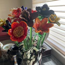 Handblown Glass Flowers In Glass Vase