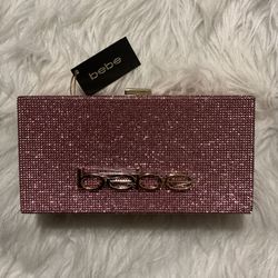 NWT BEBE pink rhinestone clutch purse with wristlet and chain