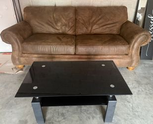 Hammer mill soft Suede Brown Sofa With Glass top Table- DELIVERY AVAILABLE 