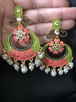 Chandbali Meenakari Earrings In Contrast Color Combination 