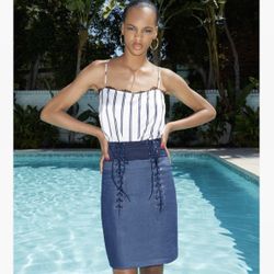Fleur Du Mal lace-up corset pencil skirt in dark chambray sz US 0 XS extra small