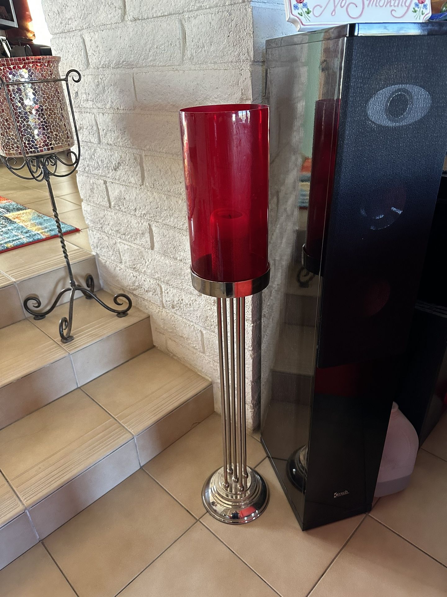 Red Glass , Metal Base Candle Holder