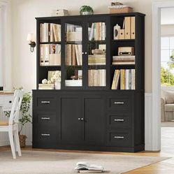 74.4''Hx63''W Large Pantry Cabinet for Food Storage, Kitchen Hutch Cabinet with Storage, Glass Doors Tall Wine Bar Cabinet, Large Bookcase with Drawer