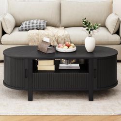 47.2 Inch Oval Coffee Table with Storage, Mid Century Modern Coffee Table with Drawer, Center Table with Sliding Door and Wood Fluted Handle for Livin