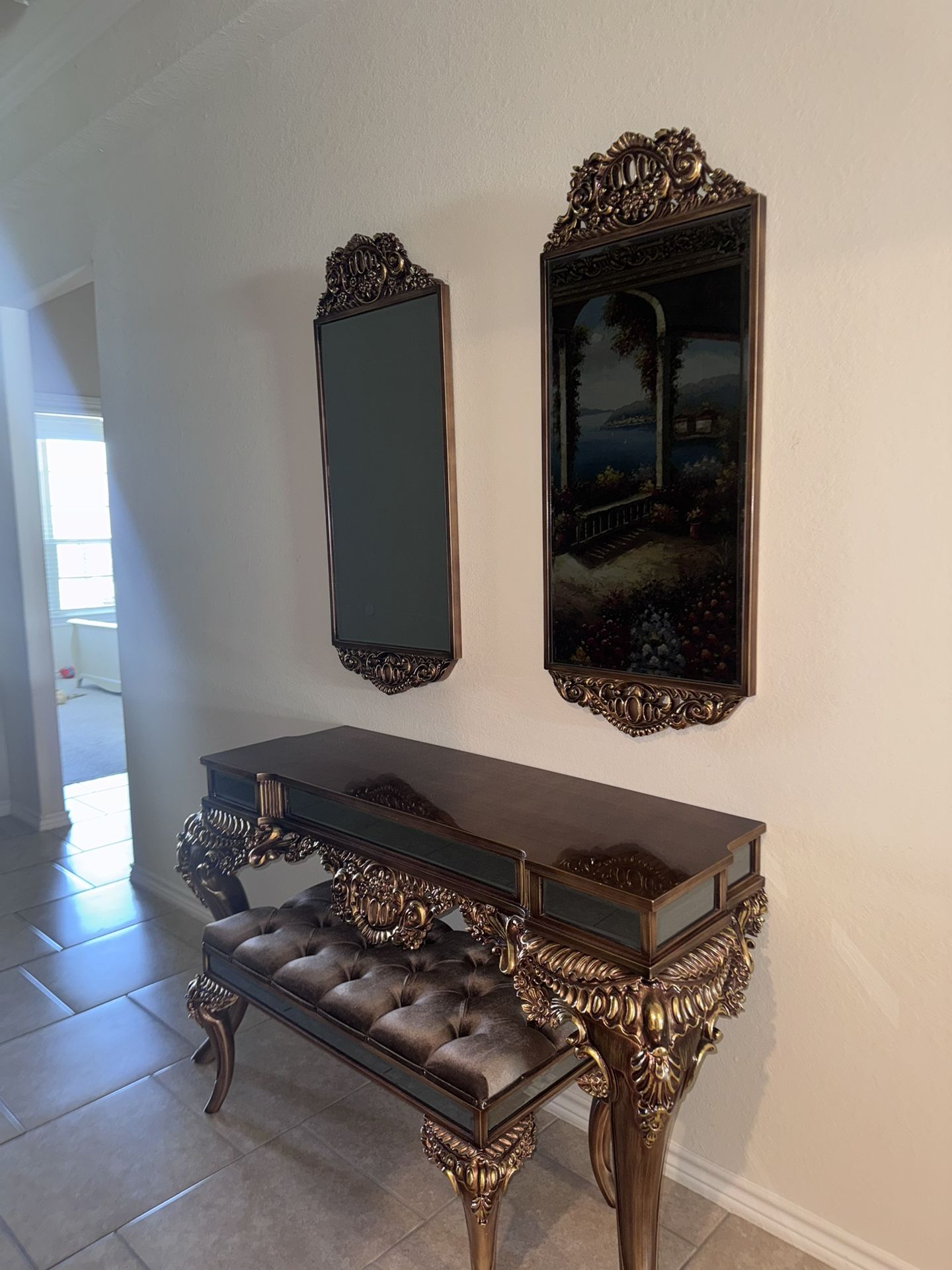 Glass Table With Bench And Two Mirrors