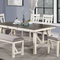 White And Gray Dining Table Set With Bench 
