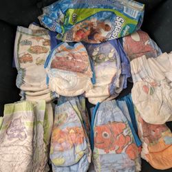 Baby Boy 9 Diapers starting at size 1. There are various sizes of 17 pullups, I think mostly 4. You get the whole bundle, its not worth my time to div