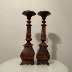 Pair Wood Candle Holders Red Green Brown