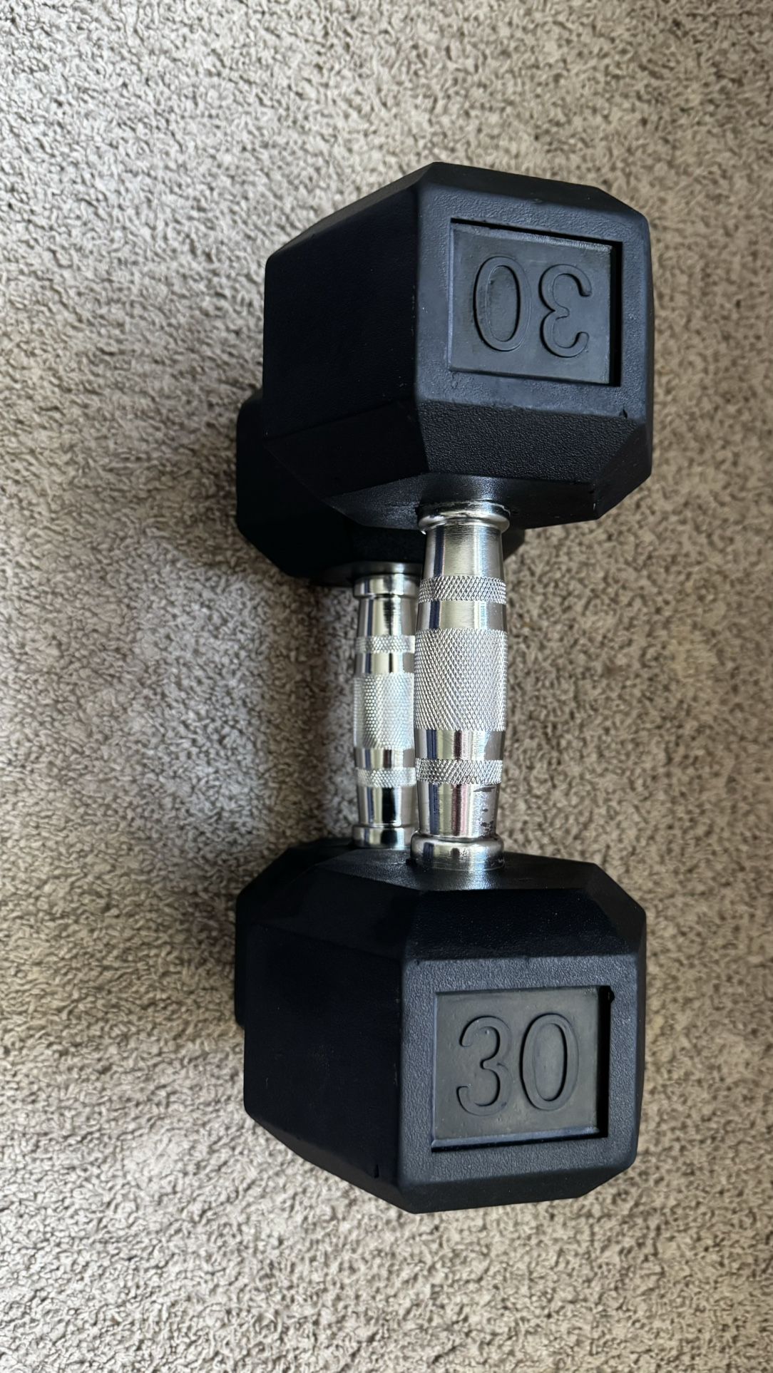 2 x 30 LB Straight Stainless Steel Rubber Coated Hex Dumbbells💪