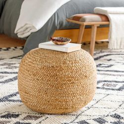 Kaumakani Natural Wicker Jute Round Pouf - Ottoman Style Braided Woven Foot Stool - Natural Fiber Round Cylinder Ottoman - 100% Polybead Fill - Beige,