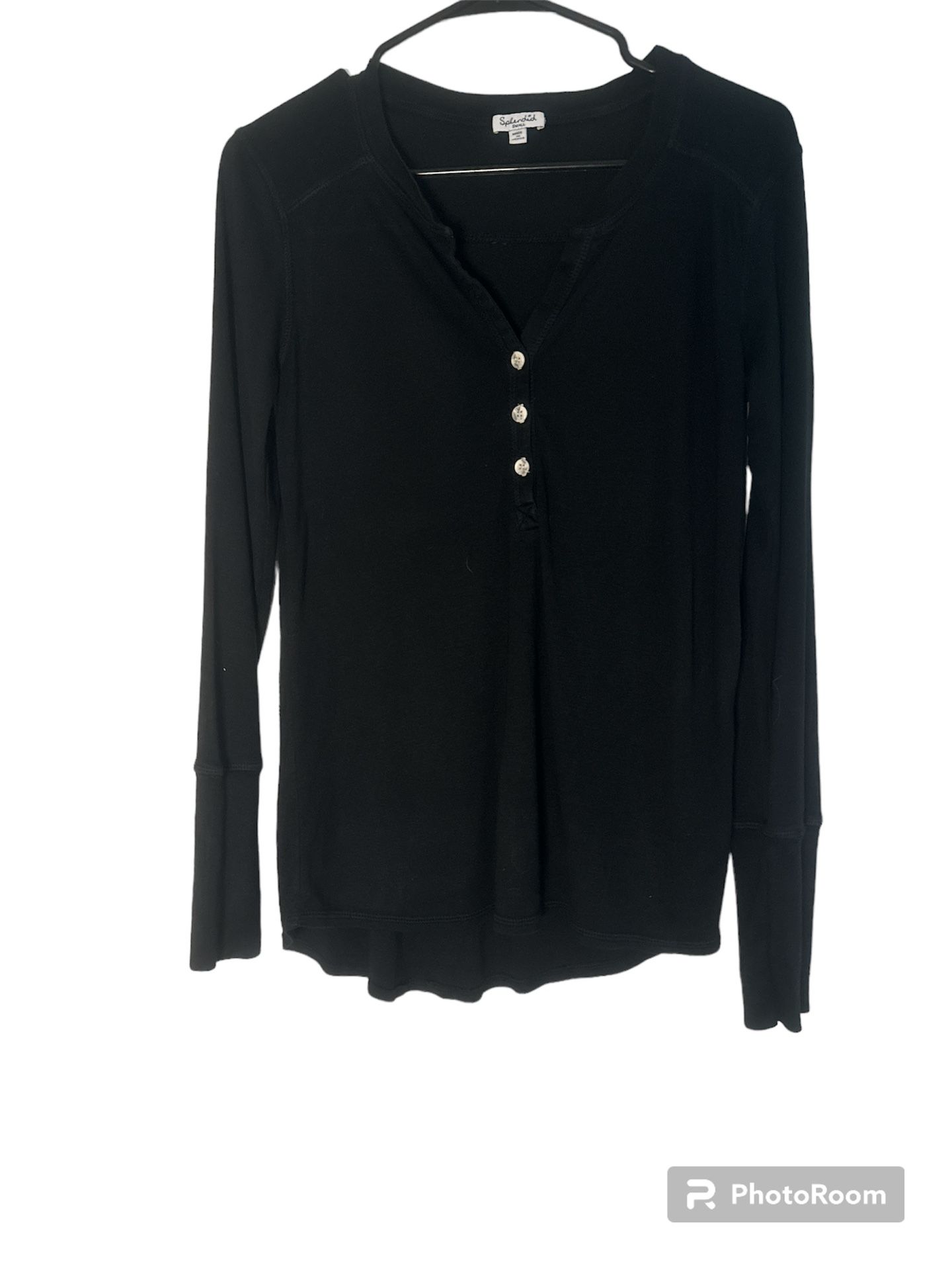 Splendid Black Cotton Thermal Slim Button Henley Top /Small
