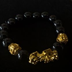 Feng Shui Black Obsidian Beads Bracelet Attract Wealth & Good Luck Bangle Pixiu