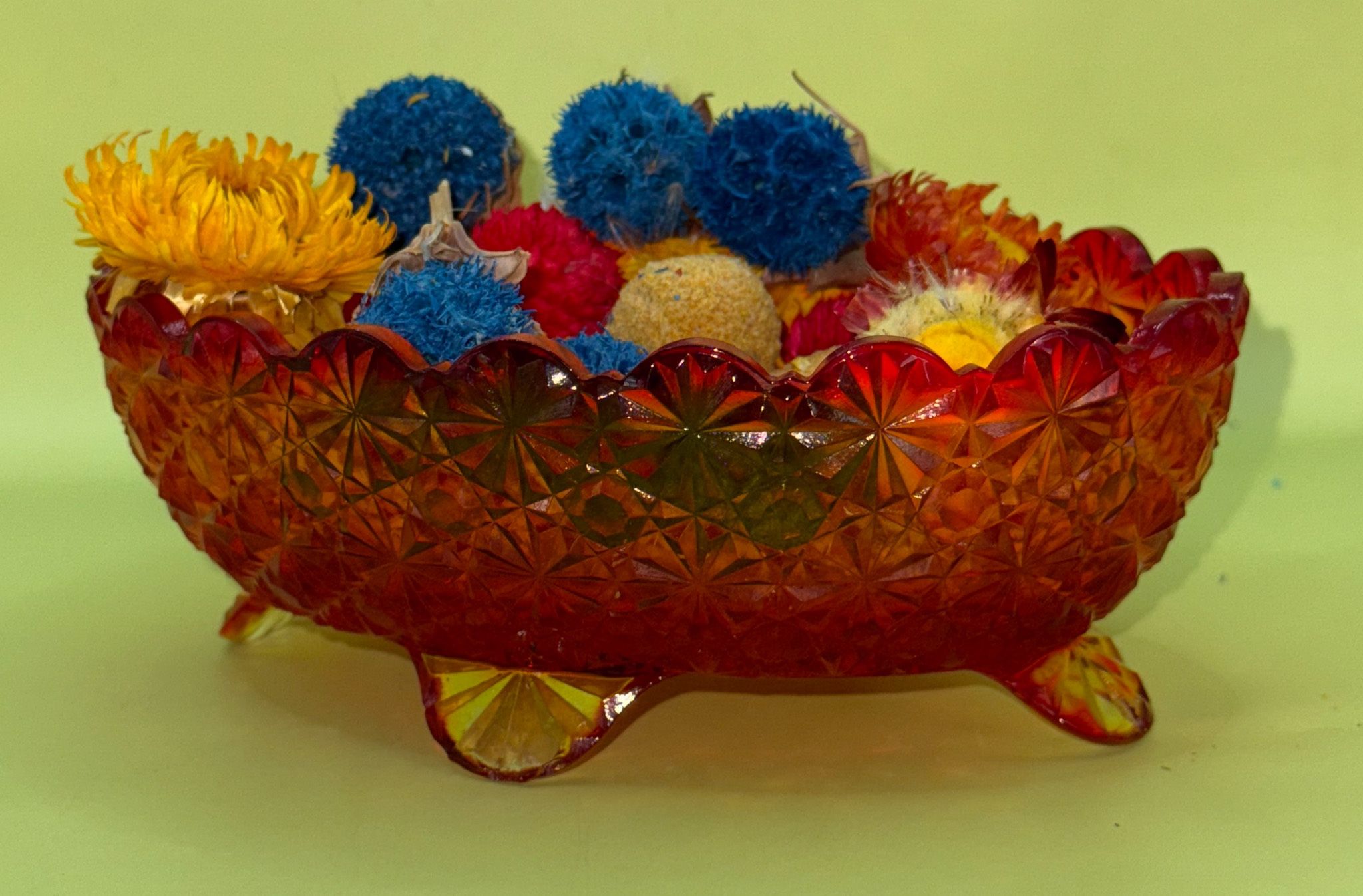 Vintage Fenton for L.G. Wright Amberina Daisy & Button 4-footed candy dish, likely produced around 1976.