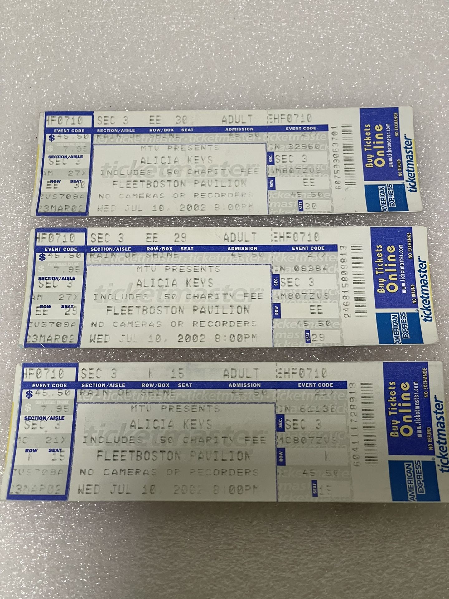 Alicia Keys Unused Concert Tickets Lot Of 3 / 2002