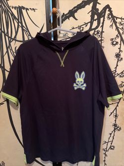 Psycho Bunny Men’s Dark Blue Green French Terry Hooded Polo Shirt W/Graphic Logo