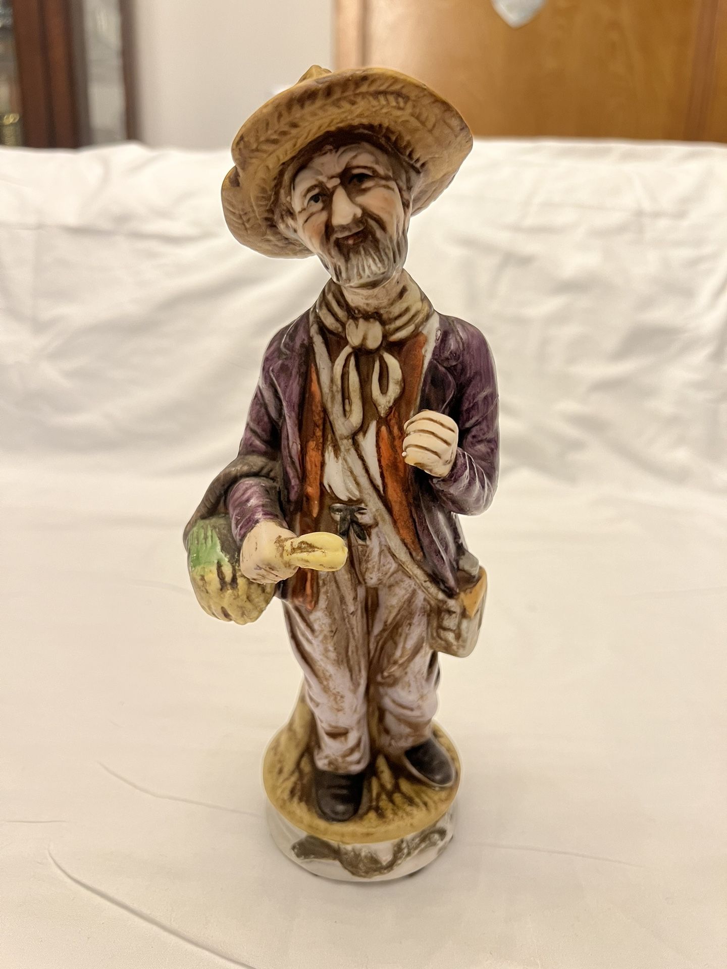 Vintage Ceramic 9 1/2" Statue Figurine of Old Man With Shovel & Basket flask