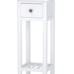 Giantex Narrow End Table with Drawer, Tall Acacia Wood Side Table with Bottom Shelf, Modern Bedside Tables