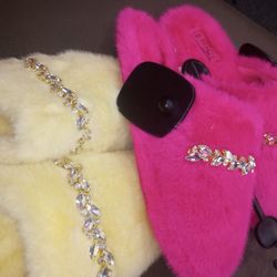 Women's Fur Slippers With Rinestone