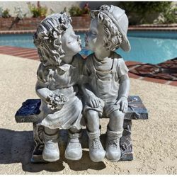 Brand New First Kiss Resin Garden Statue, Little Girl and Boy Kissing Yard Miniature Figurine, 9 Inch