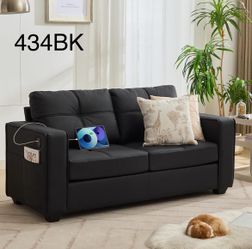 65" W Linen Fabric 2-Seat Sofa, Modern Love Seat Couch with 2 USB Charging Ports and Stowage Pocket, Upholstered Arm Sofa For Living Room, Office