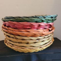 10 Vintage Colored Wicker Ratan Paper Plate Holder Set Yellow Red Orange Green