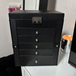Black Leather Jewelry Box With Mirror And Lock 