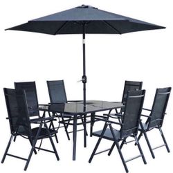 8-Piece Outdoor Patio Dining Set with Tilting Umbrella, Glass Table, & Folding Chairs