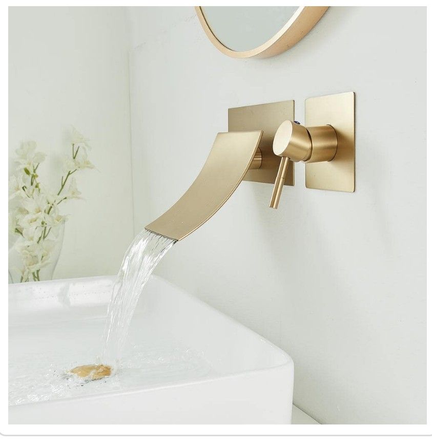 Luxury Single Handle Wall Mount Waterfall Bathroom Faucet in Brushed Gold