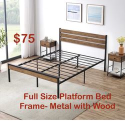New Full Size Wood Platform Bed Frame with Rustic Vintage Headboard, Metal Platform Mattress Foundation with Steel Slats Support, Mattress Not Include