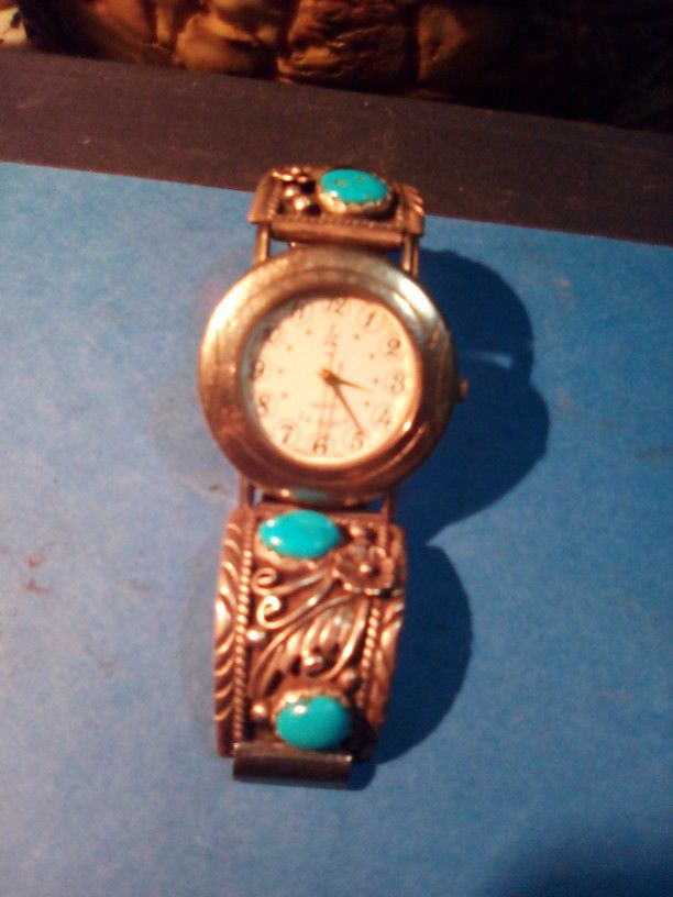 La Scala Sterling Silver Turquoise Watch Vintage Signed Navajo Southwestern.