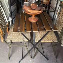 Two Metal and Wicker Chairs with Table