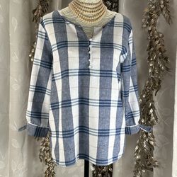 Liz Claiborne Plaid Linen Blend Blouse | M Blue White Tunic Sleeve Tie