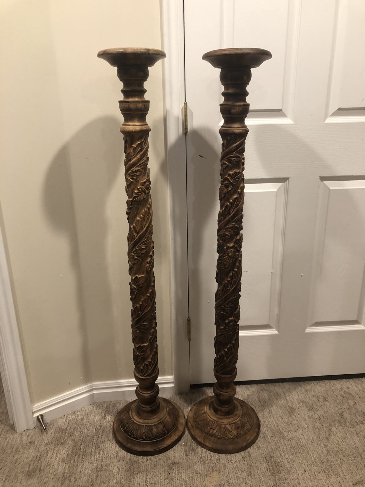 Breathtaking Hand Carved Teak Tall Pillar Candle Holders!