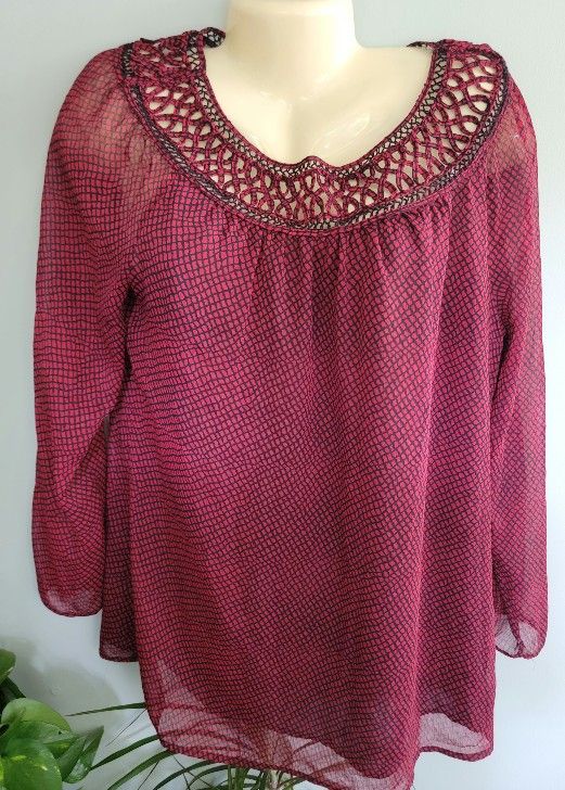 Coldwater Creek Black Red Check Top Large Lomg Sleeve