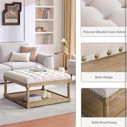 33-inch Large Square Ottoman Coffee Tables for Living Room, Tufted Upholstered Linen Ottoman with Storage Shelf and Solid Legs for Office Bedroom Farm